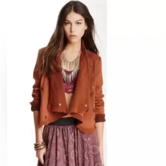 Free People Boho Collapsing Twill Raw Edge Jacket Hanna Rustic Orange Sz XS 006 - Picture 2 of 9